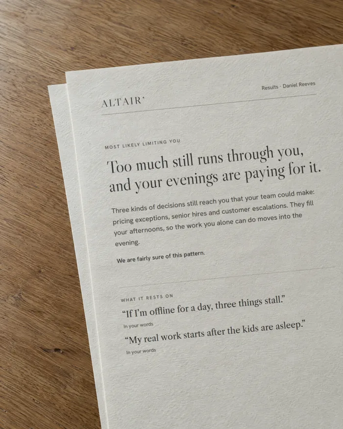 A printed ALTAIR results page on oak, seen close.