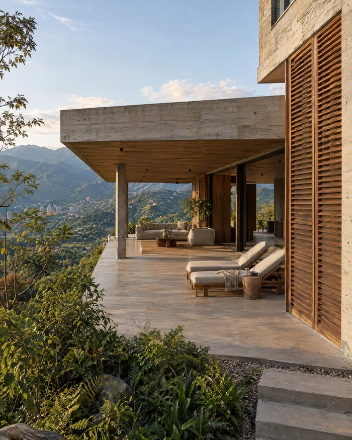A covered terrace of a modern villa overlooking green mountains at golden hour.